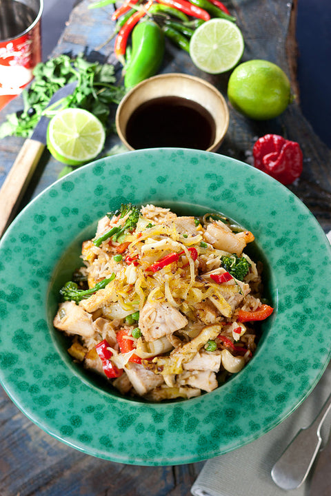 Nasi goreng with lime, cashews  and roasted golden turkey