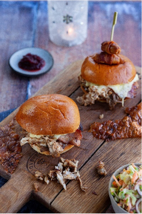 Hot roast turkey sandwich with a Brussel sprout aioli coleslaw